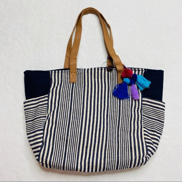 Tote Bag Beach Striped Blue White Canvas Tassels - Picture 2 of 8
